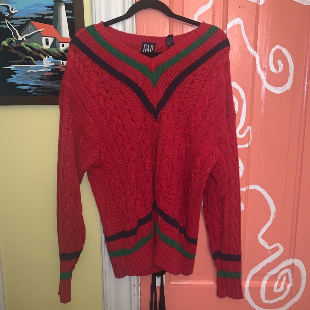 Vintage GAP cable knit varsity v neck sweater